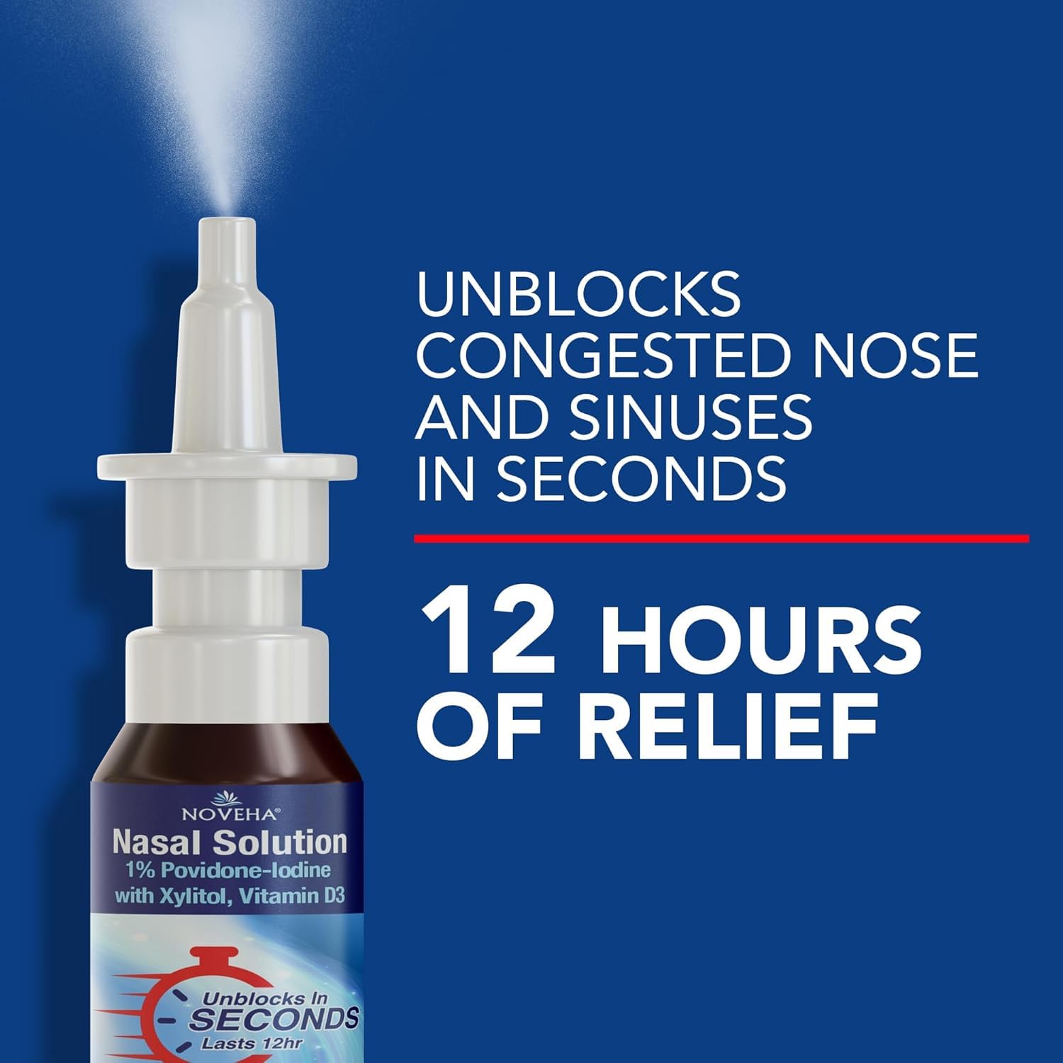 NOVEHA nasal spray nozzle shown for precise application and quick relief.