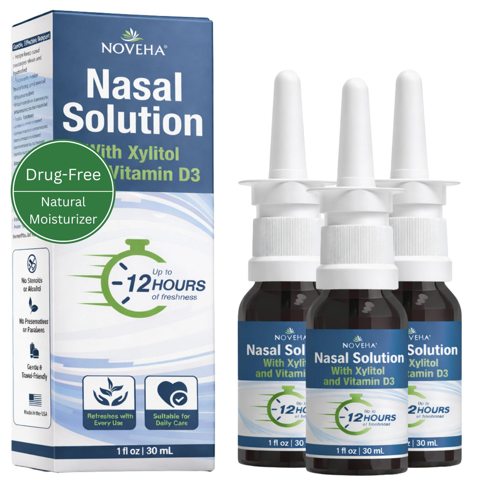 NOVEHA Xylitol Nasal Spray bottle shows daily moisturizing action for dry nose.