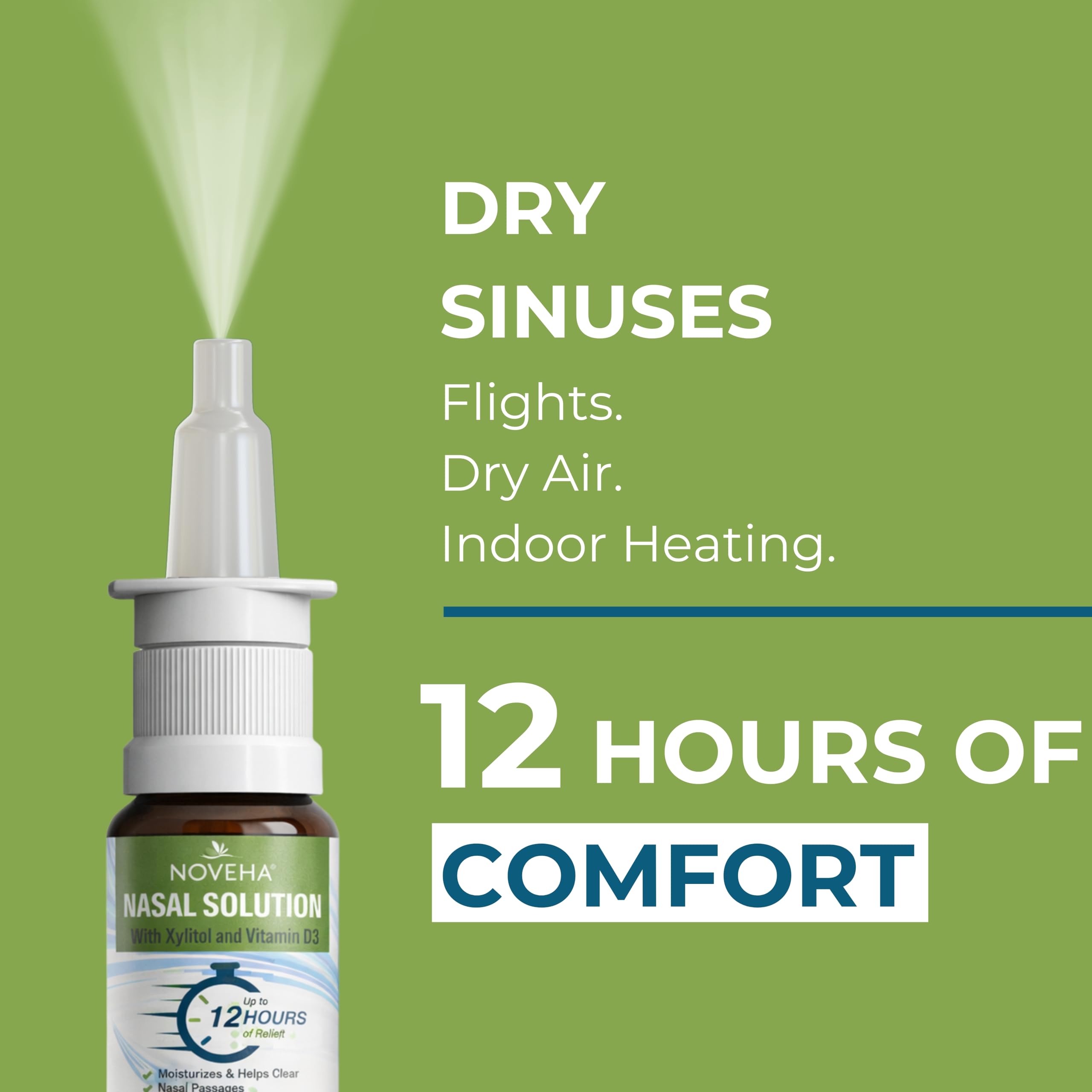 NOVEHA Xylitol Nasal Spray mist delivering gentle coverage for nasal passages.