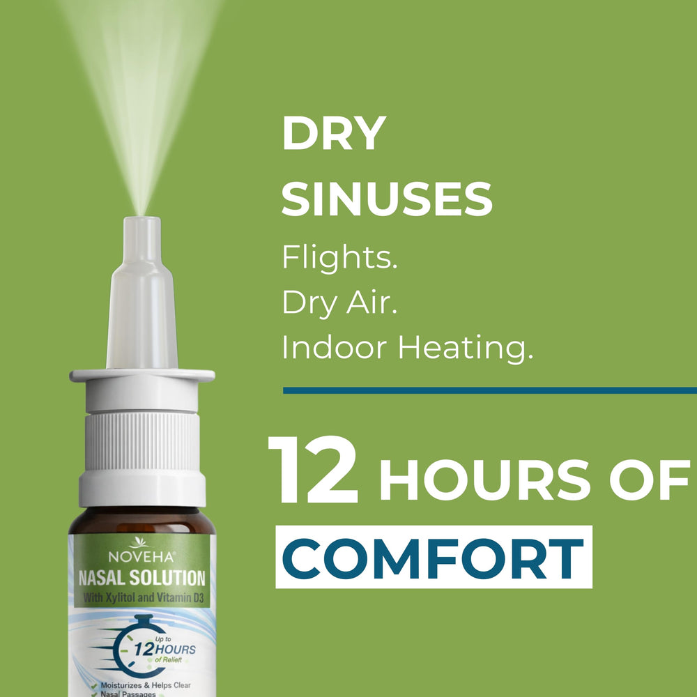 NOVEHA Xylitol Nasal Spray mist delivering gentle coverage for nasal passages.