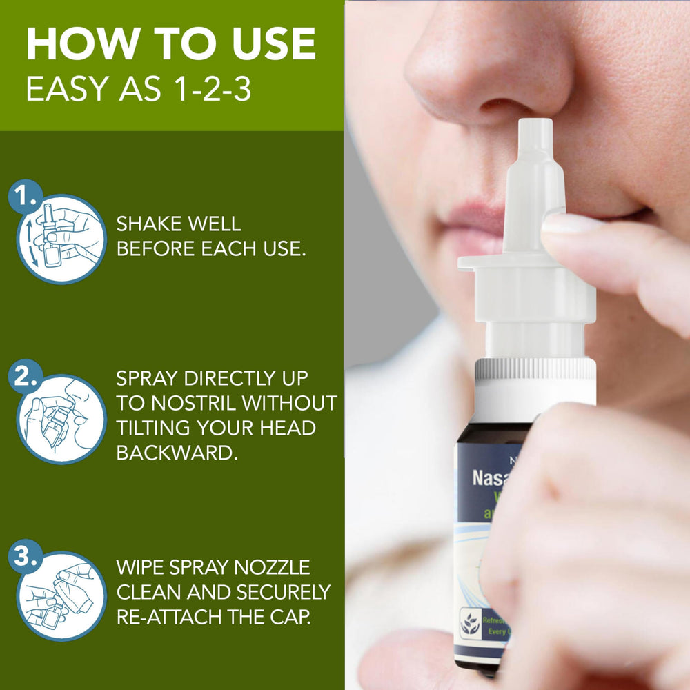 NOVEHA Xylitol Nasal Spray nozzle delivering a smooth mist.