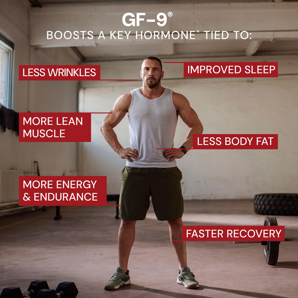Novex Biotech GF-9 bottle label close-up highlighting premium HGH-support formula.