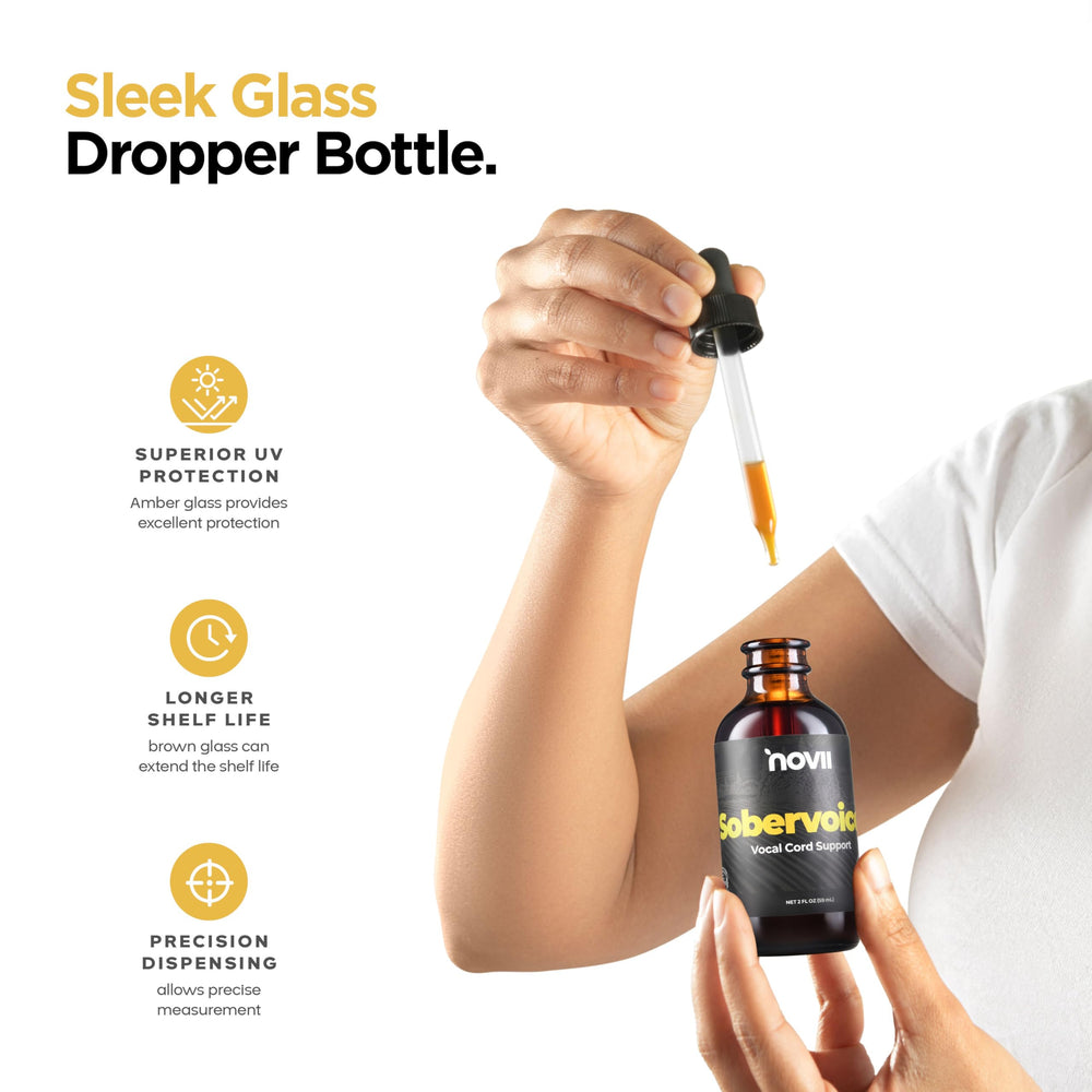 NOVII Sobervoice amber bottle shown protecting formula from light.