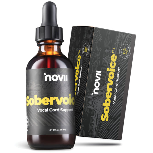 NOVII Sobervoice bottle close-up highlighting herbal vocal care formula.