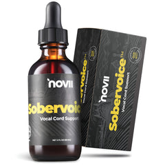NOVII Sobervoice bottle close-up highlighting herbal vocal care formula.