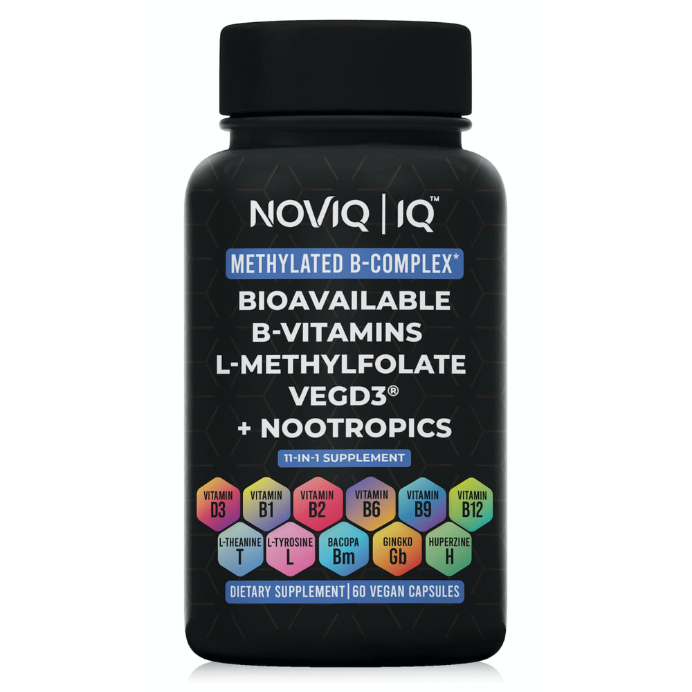 NOVIQ 11-in-1 Methylated B-Complex bottle supports daily brain health.