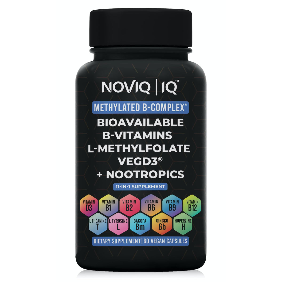 NOVIQ 11-in-1 Methylated B-Complex bottle supports daily brain health.