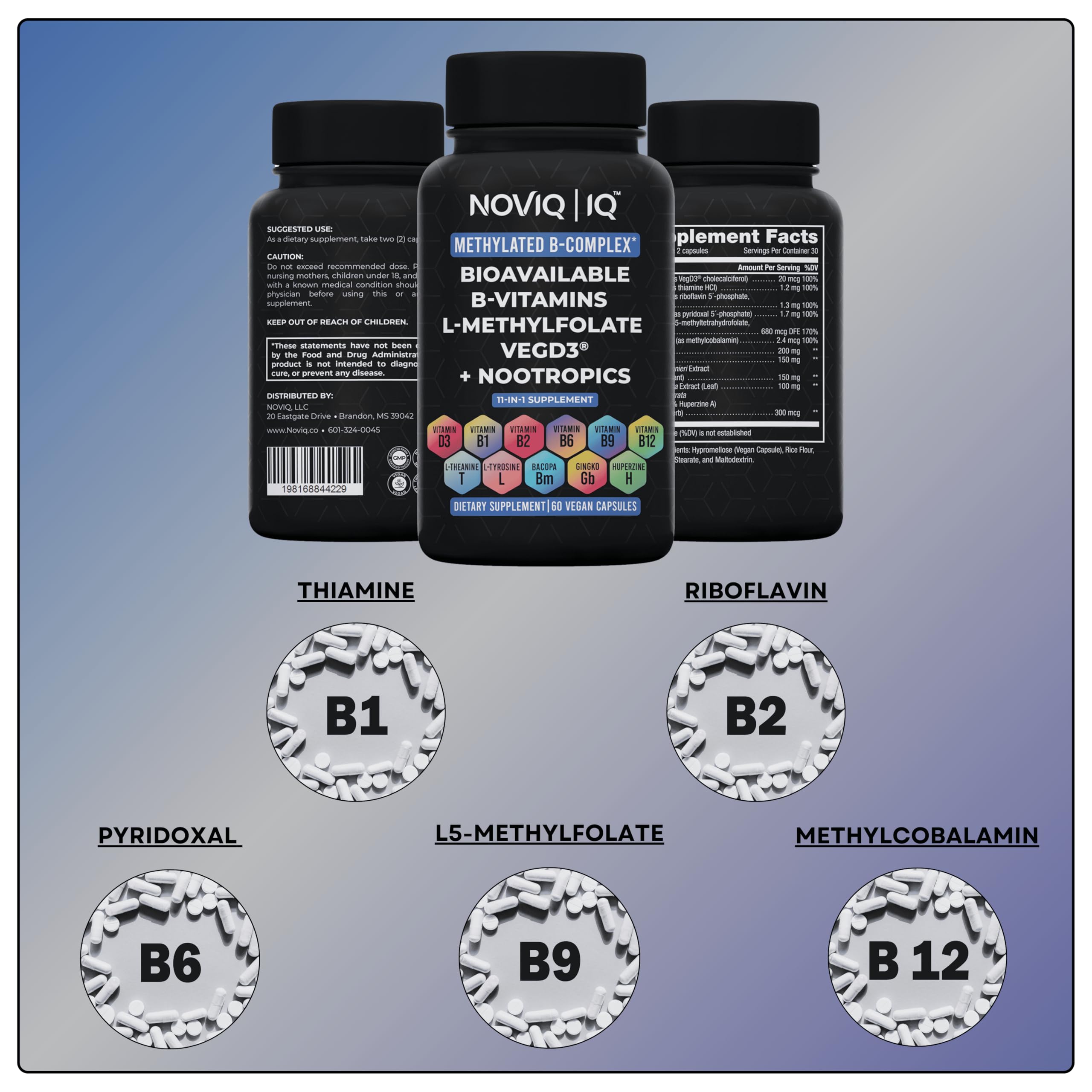 NOVIQ 11-in-1 includes Methylfolate and Methylcobalamin for methylation support.