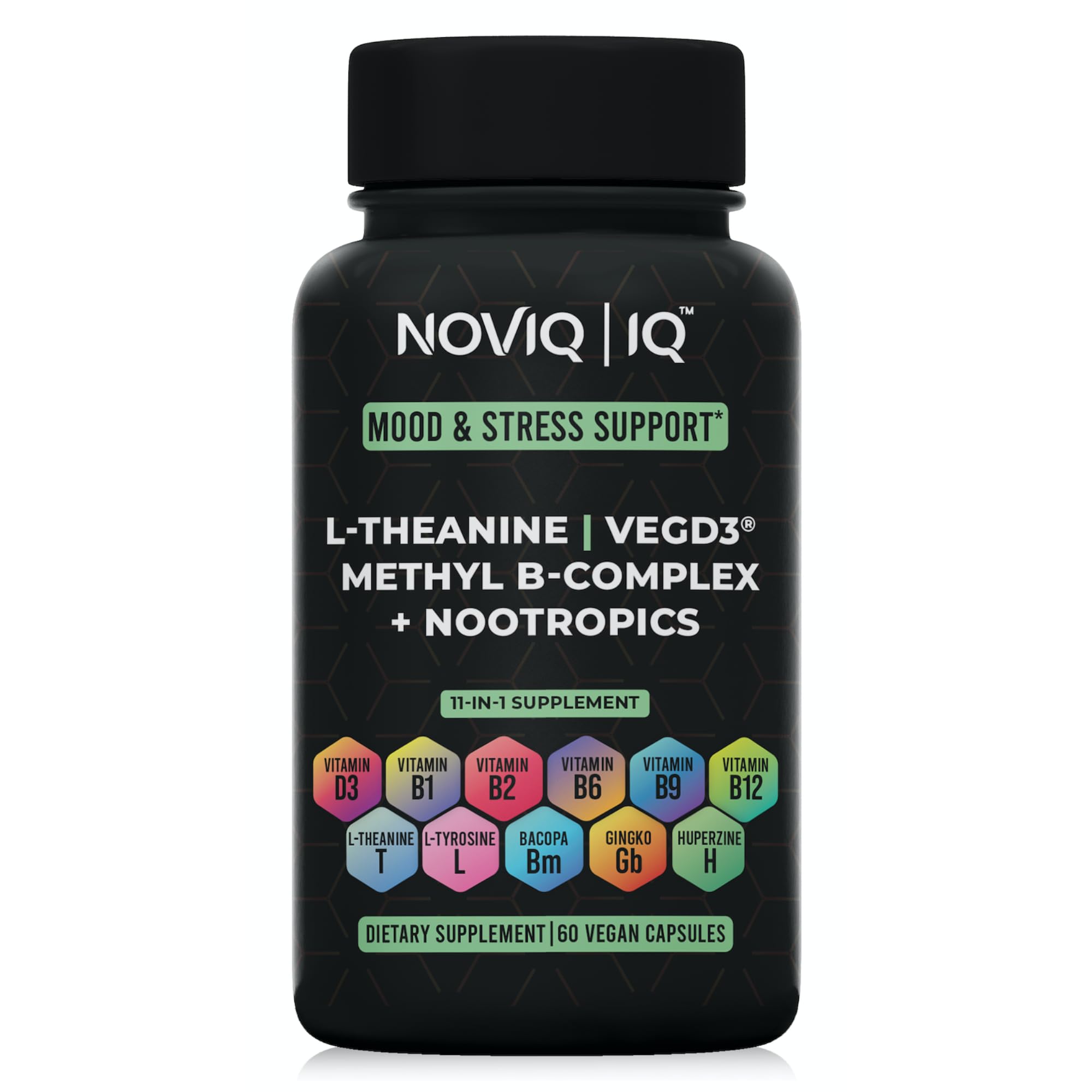 NOVIQ 11-in-1 mood-stress bottle showing packaging for daily calm and focus