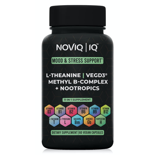 NOVIQ 11-in-1 mood-stress bottle showing packaging for daily calm and focus