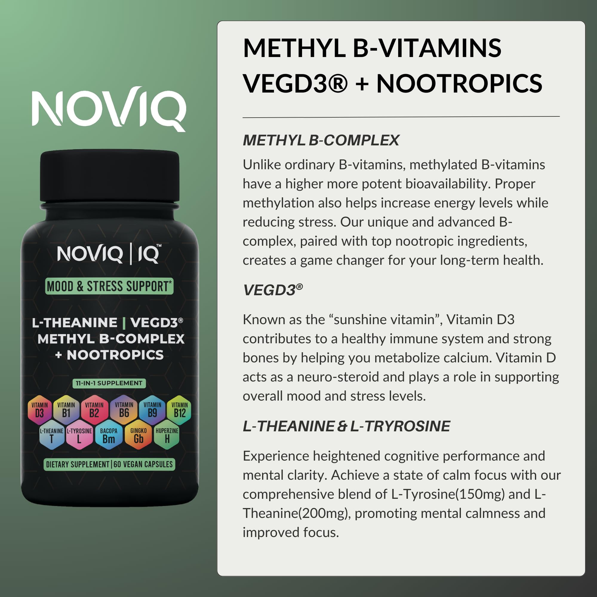 NOVIQ 11-in-1 mood-stress capsules being poured for daily routine