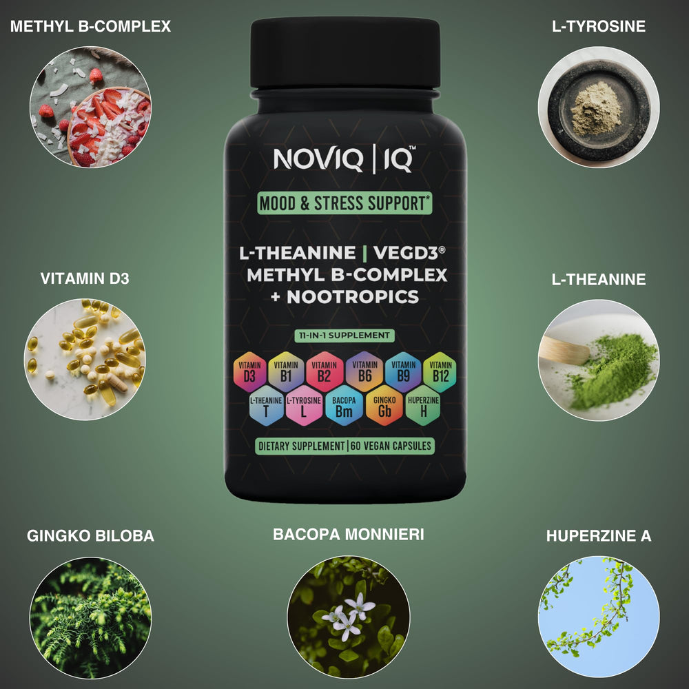 NOVIQ 11-in-1 mood-stress label close-up with active ingredients overview