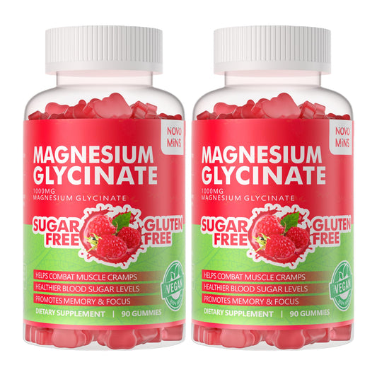 Novomins magnesium glycinate gummies raspberry bottle highlights sugar-free calming supplement