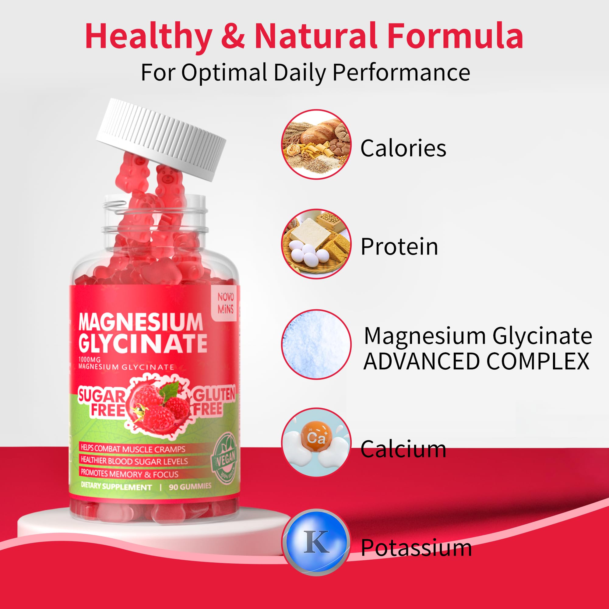 Novomins raspberry gummies closeup shows soft, chewable texture for daily magnesium use