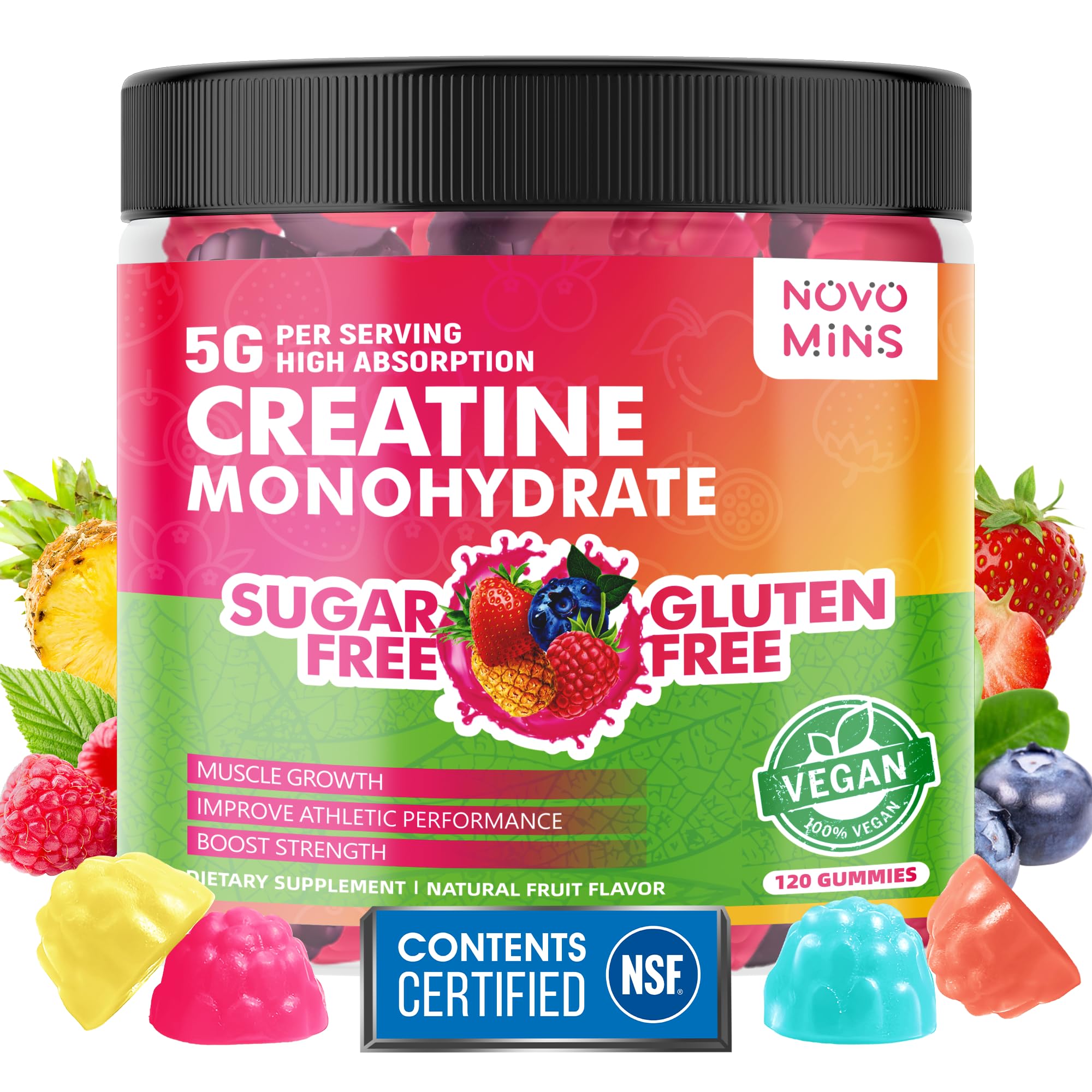 novomins Creatine Gummies bottle with gummies on white, convenient daily supplement
