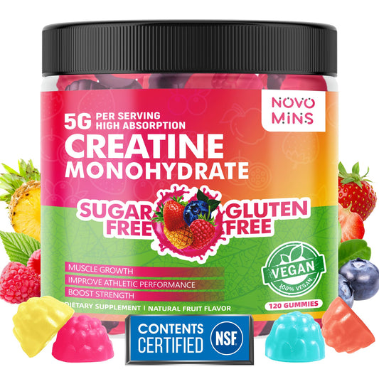 novomins Creatine Gummies bottle with gummies on white, convenient daily supplement