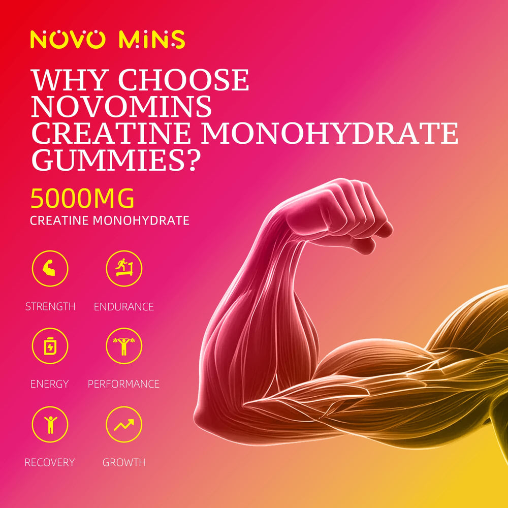 novomins Creatine Gummies in hand demonstrating portable 5g serving