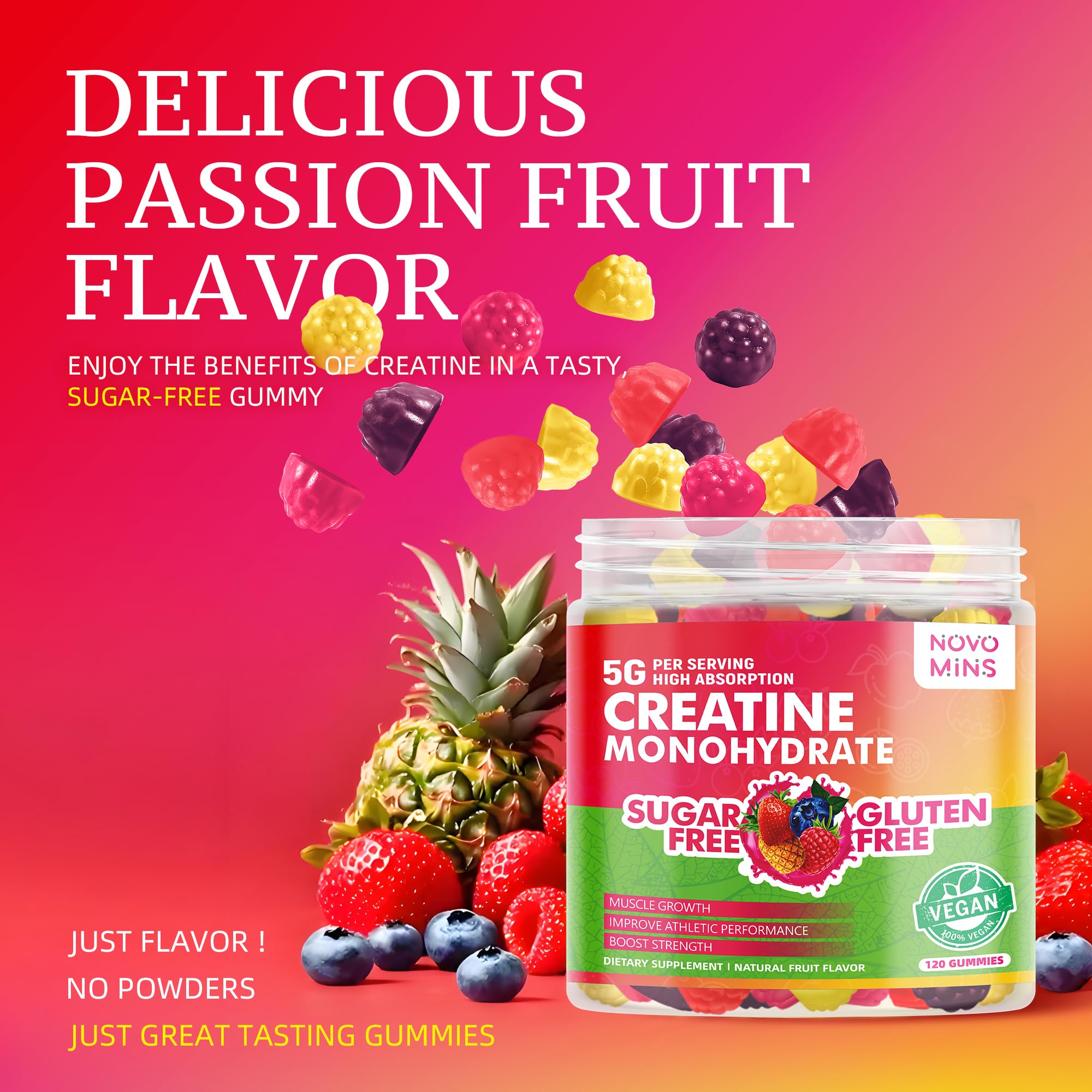 novomins Creatine Gummies packaging label showing vegan and sugar-free formulation