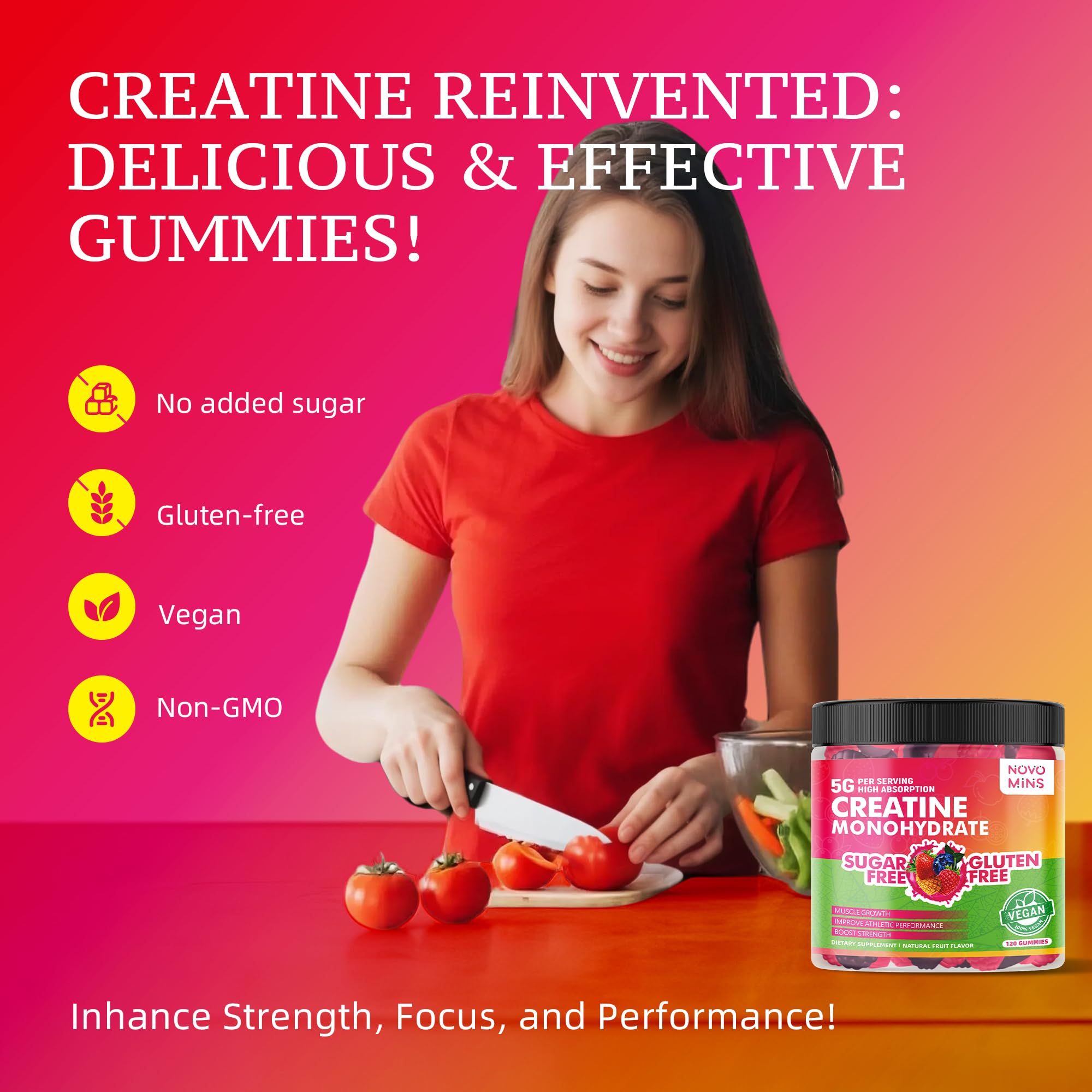 novomins Creatine Gummies jar labeled 120-count