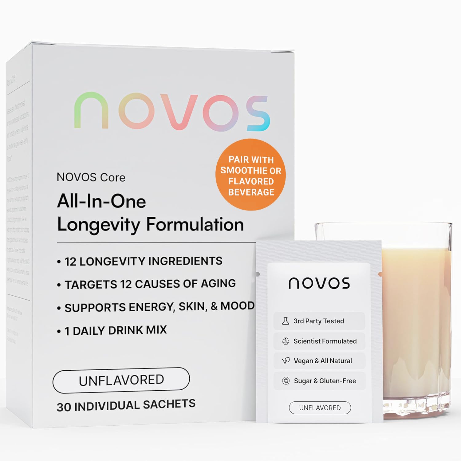 Novos Core sachet dissolving in water for a convenient daily drink.