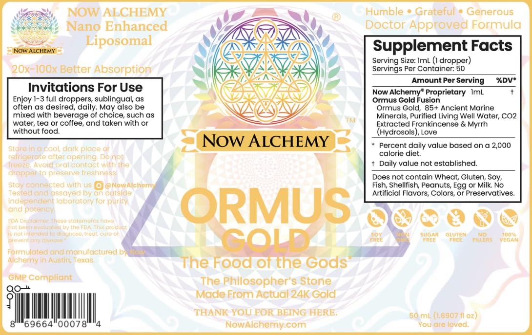 Now Alchemy 24K ORMUS Gold label close-up highlights premium formulation.