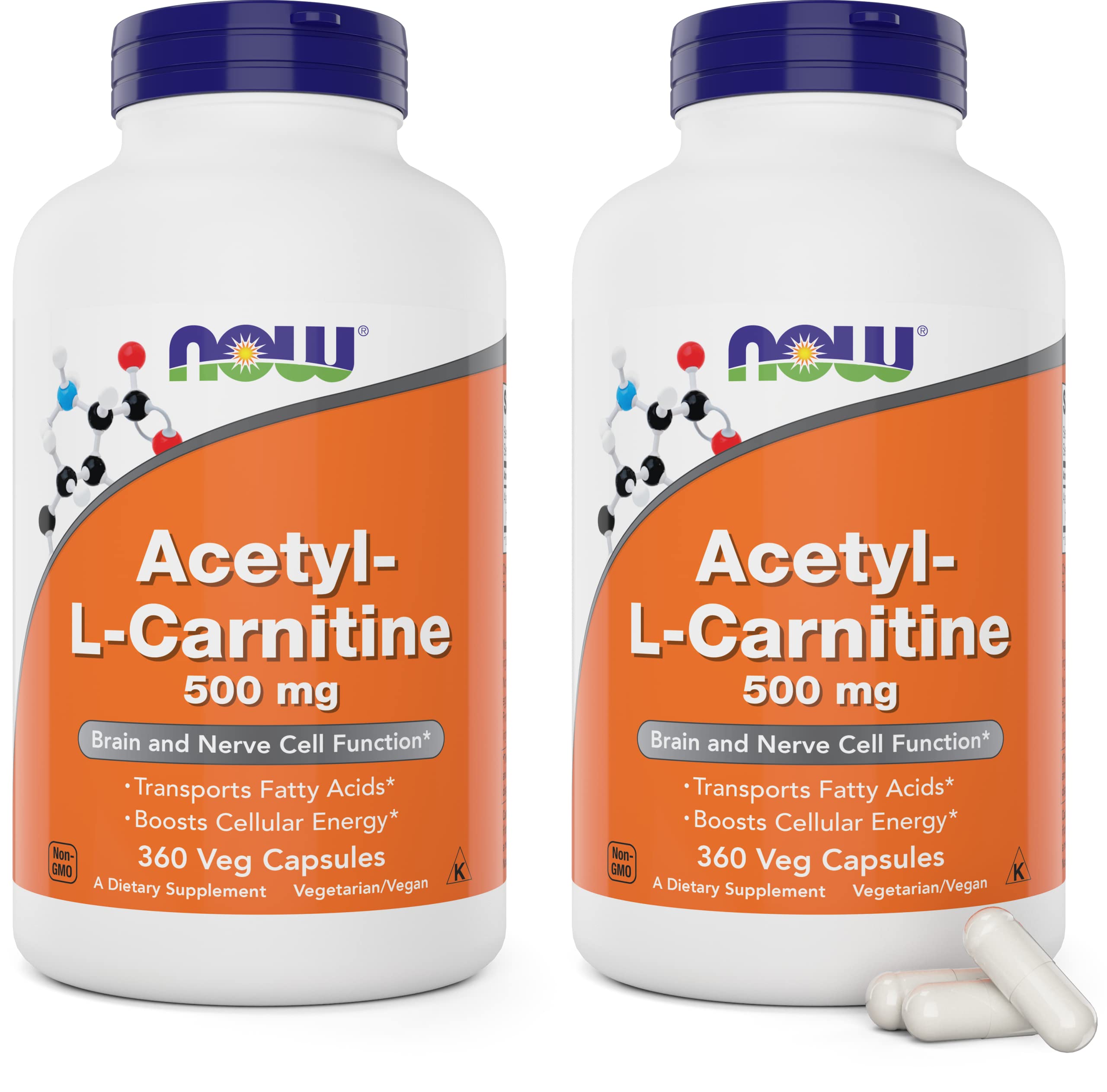 NOW Foods Acetyl L-Carnitine 500mg bottle front for daily energy support.