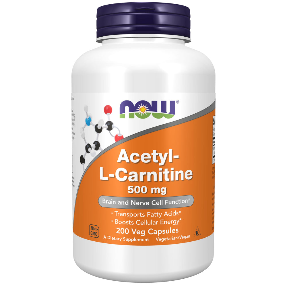 NOW Foods Acetyl-L-Carnitine 500mg bottle shows clear dosage for daily use.
