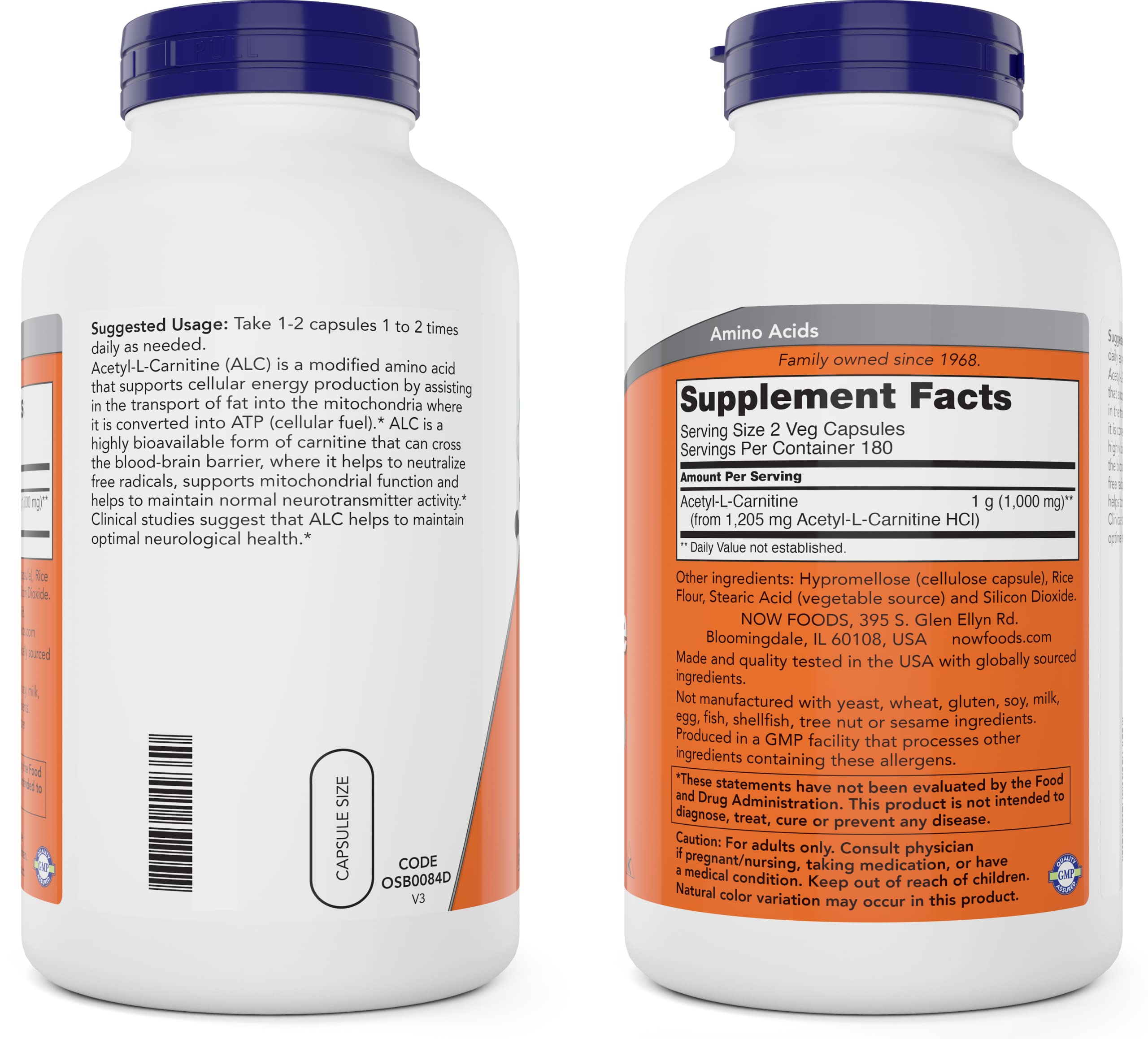 NOW Foods Acetyl L-Carnitine icons indicate kosher and non-GMO certifications.