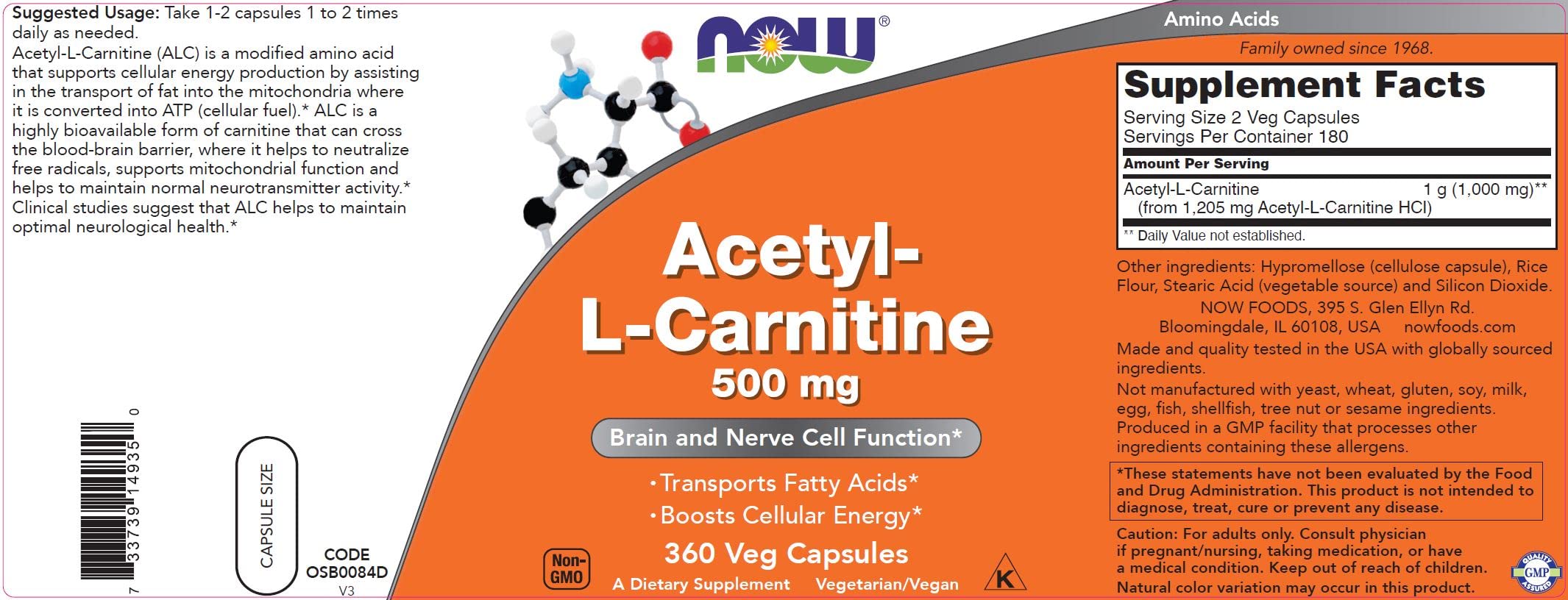 NOW Foods Acetyl L-Carnitine label with nutrition facts showing 1000 mg per serving.