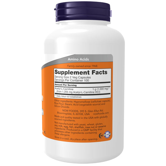 NOW Foods Acetyl-L-Carnitine vegan capsules closeup highlights easy-to-swallow form.