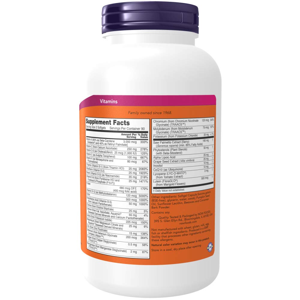 NOW Foods Adam label highlights saw palmetto and CoQ10 for supportive daily wellness.