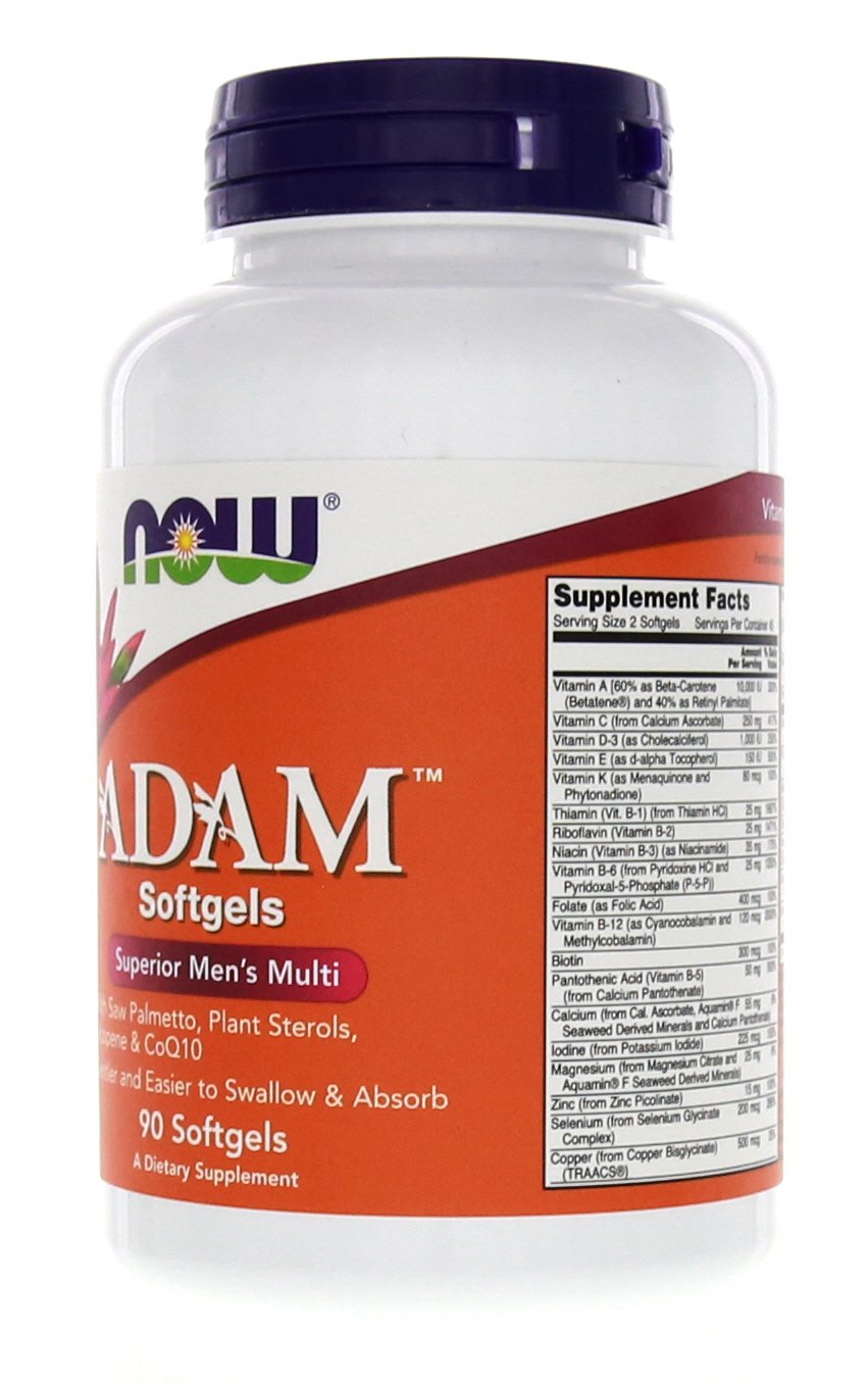NOW Foods Adam Men's Multivitamin bottle side view showing easy-to-swallow softgels