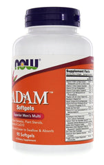 NOW Foods Adam Men's Multivitamin bottle side view showing easy-to-swallow softgels