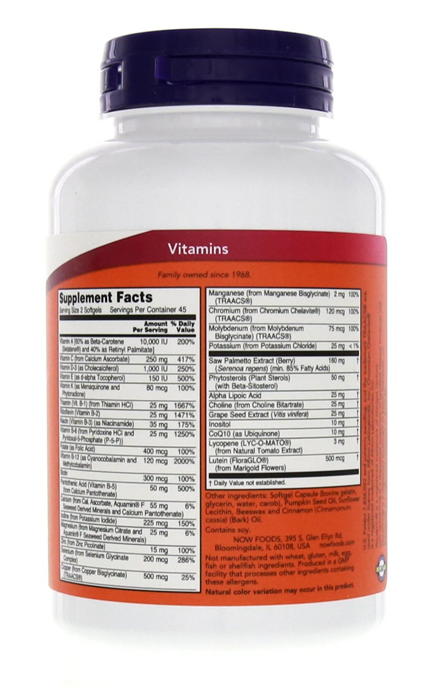 NOW Foods Adam Men's Multivitamin ingredients panel highlights saw palmetto and CoQ10