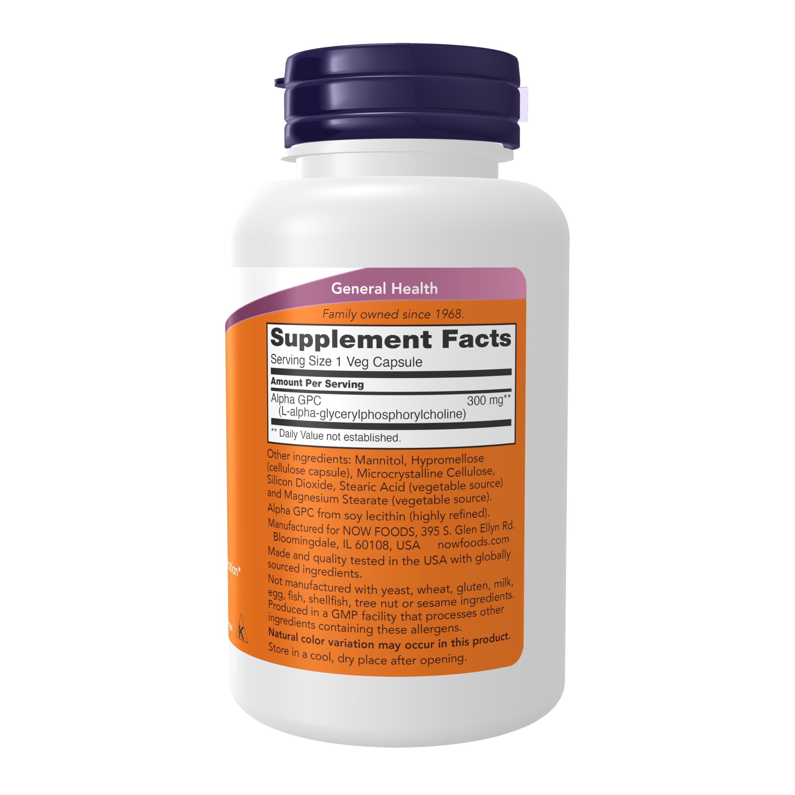 Close-up of NOW Foods Alpha GPC capsules highlighting choline delivery.