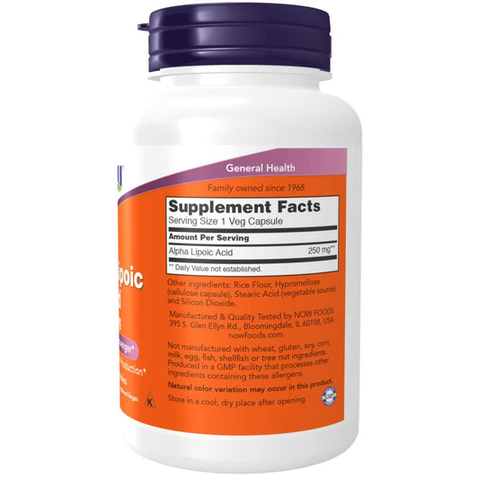 NOW Foods Alpha Lipoic Acid 250mg bottle back shows supplement facts and GMP certification