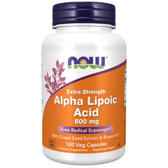 NOW Foods Alpha Lipoic Acid 600 mg bottle front, potential antioxidant support