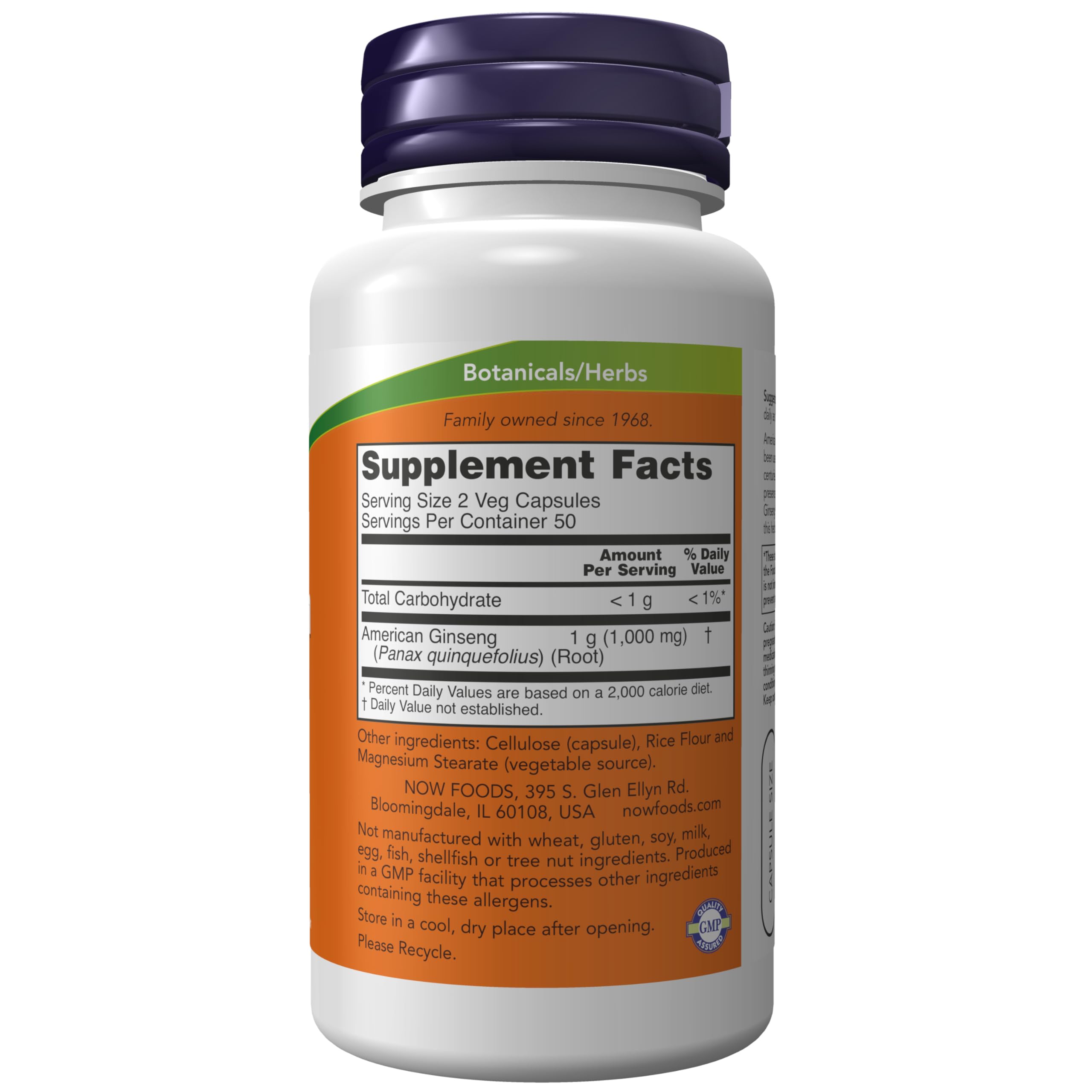 NOW Foods American Ginseng capsules in bottle; 500 mg per capsule for easy daily dosage
