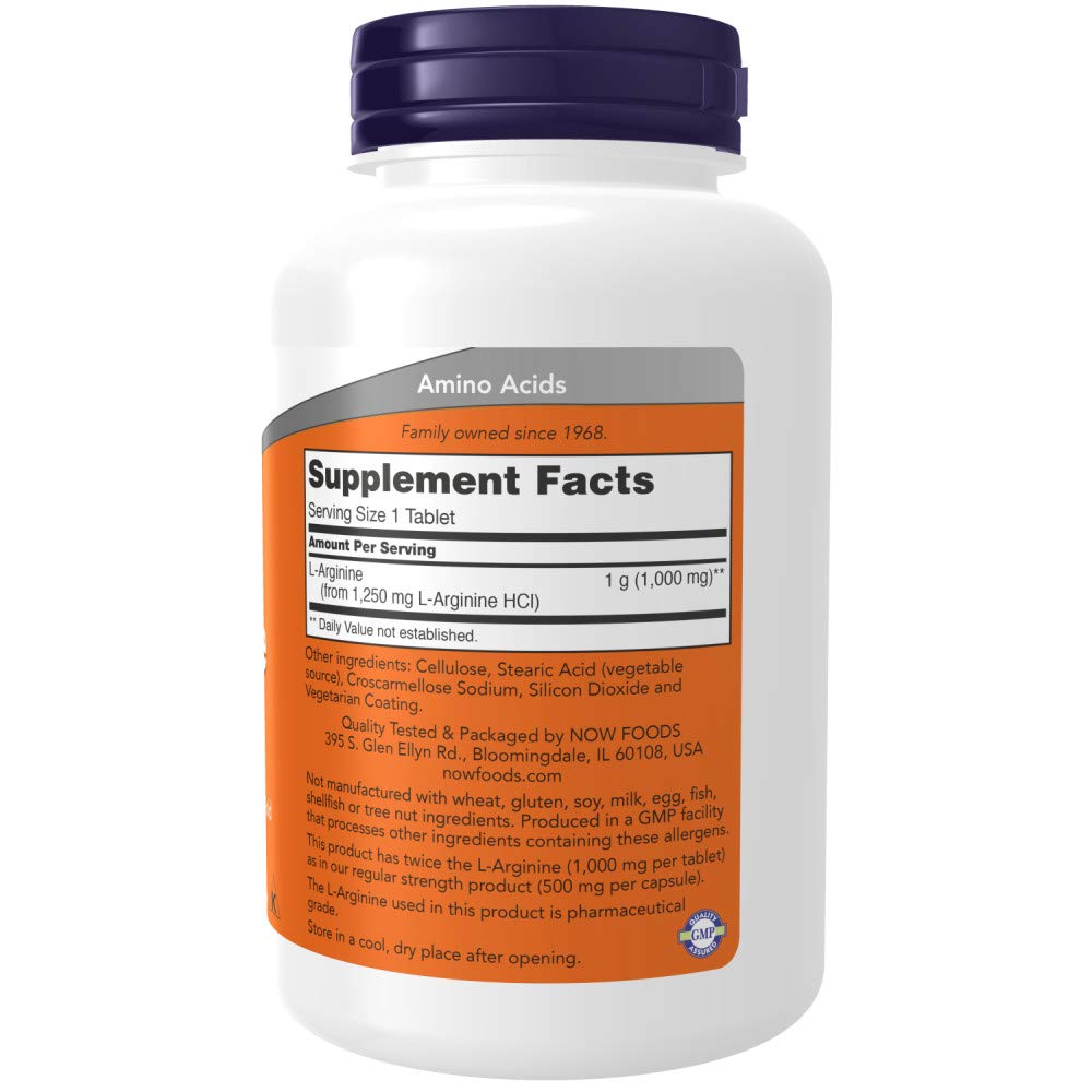NOW Foods L-Arginine bottle and label showing non-GMO and Kosher certifications.