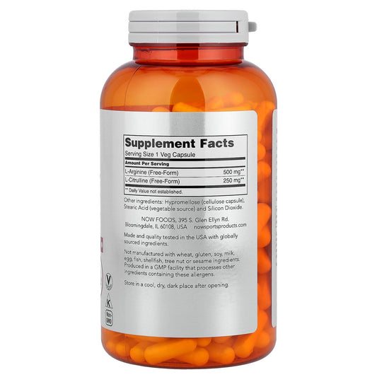 NOW Foods Arginine & Citrulline capsules close-up emphasizing vegan-friendly capsules