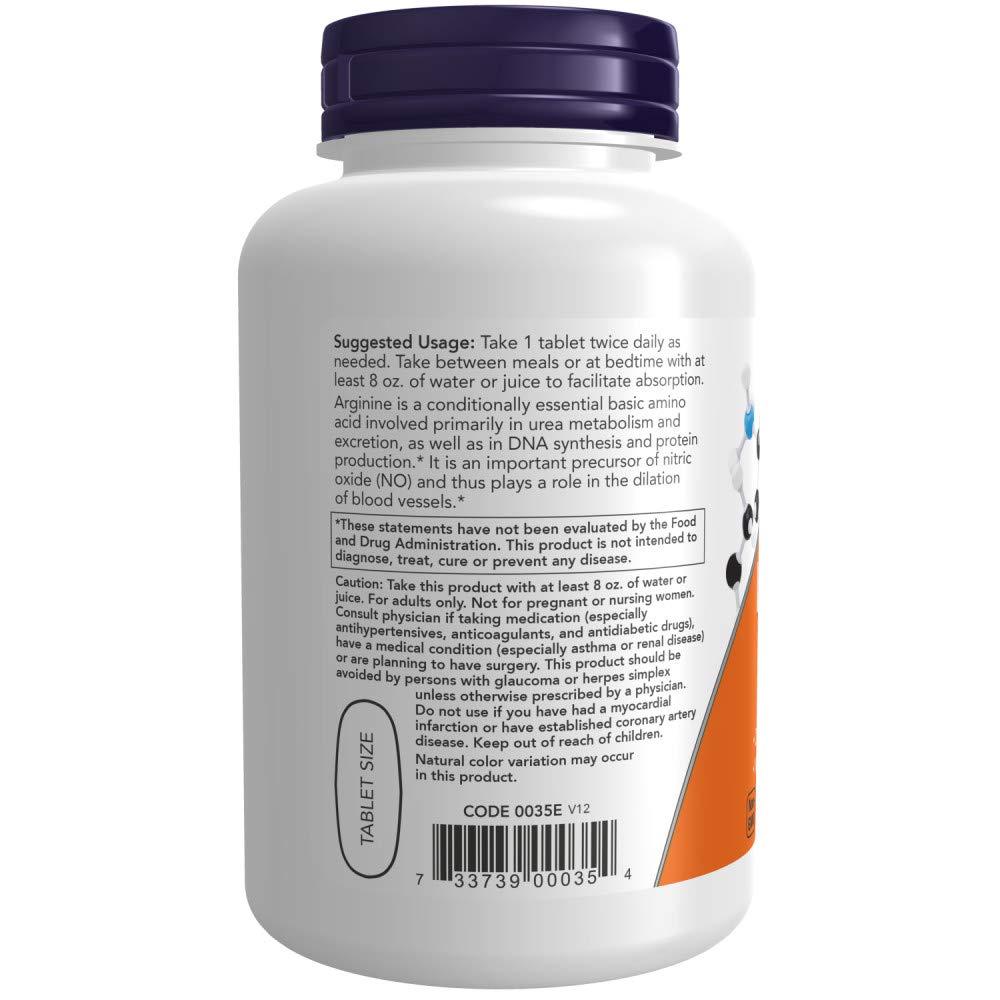 NOW Foods L-Arginine tablets on desk, easy daily dosage reminder.
