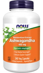 NOW Foods Ashwagandha Extract 450 mg bottle showing standardized extract for daily adaptogen use.
