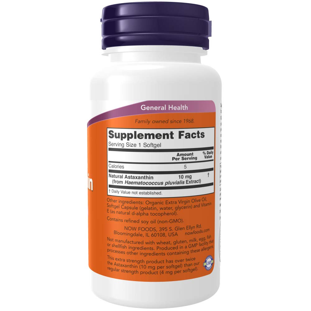 NOW Foods Astaxanthin 10mg softgel packaging highlighting non-GMO microalgae origin