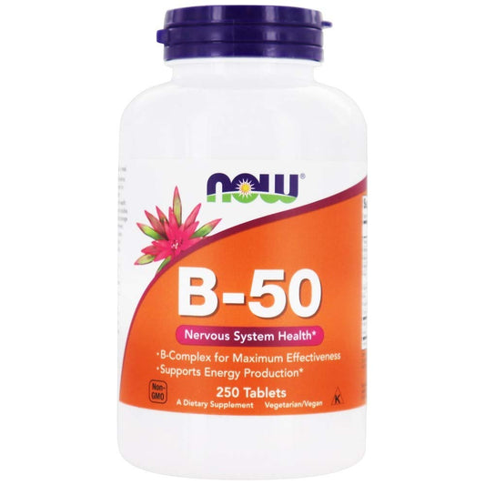 Now Foods B-50 bottle front shows a high-potency B-complex for daily energy metabolism.
