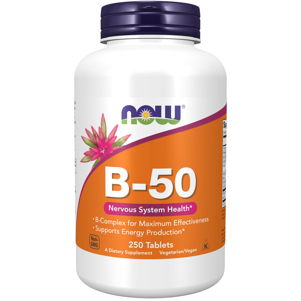 NOW Foods B-50 tablets bottle front highlighting energy support and neural health.