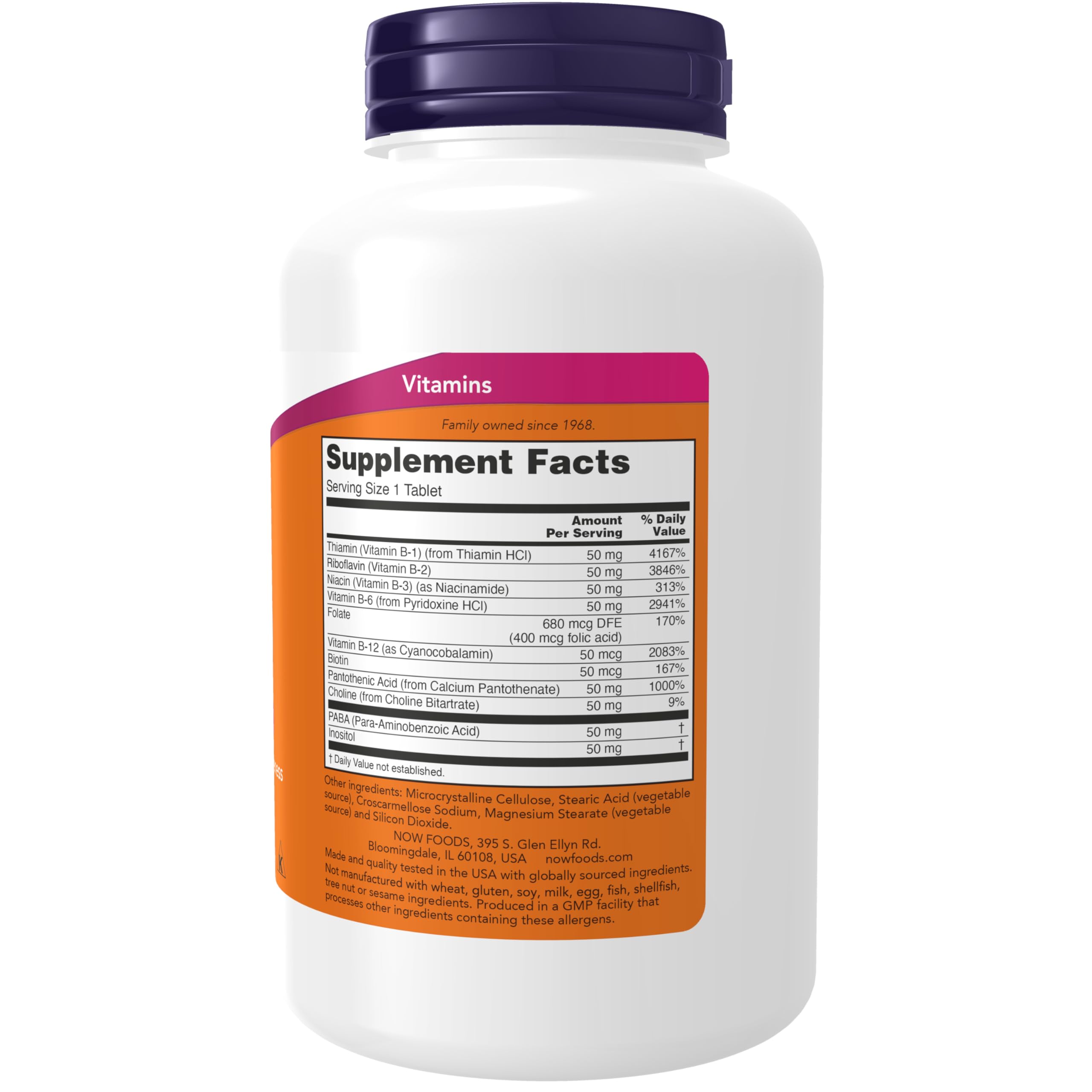 NOW Foods B-50 tablets bottle label shows vegan and non-GMO attributes.