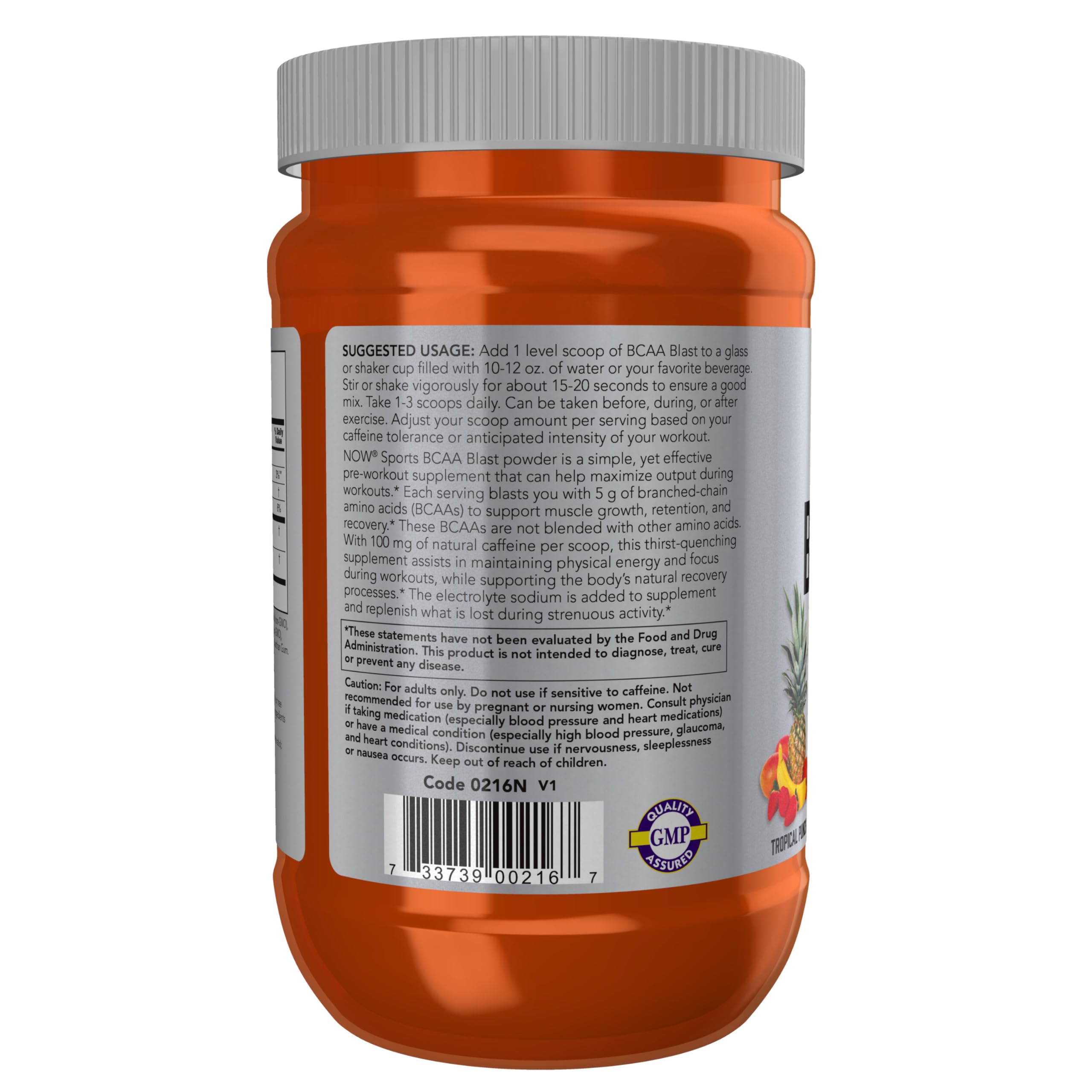 NOW Foods BCAA Blast label detail highlighting 5 g BCAAs and caffeine benefits.