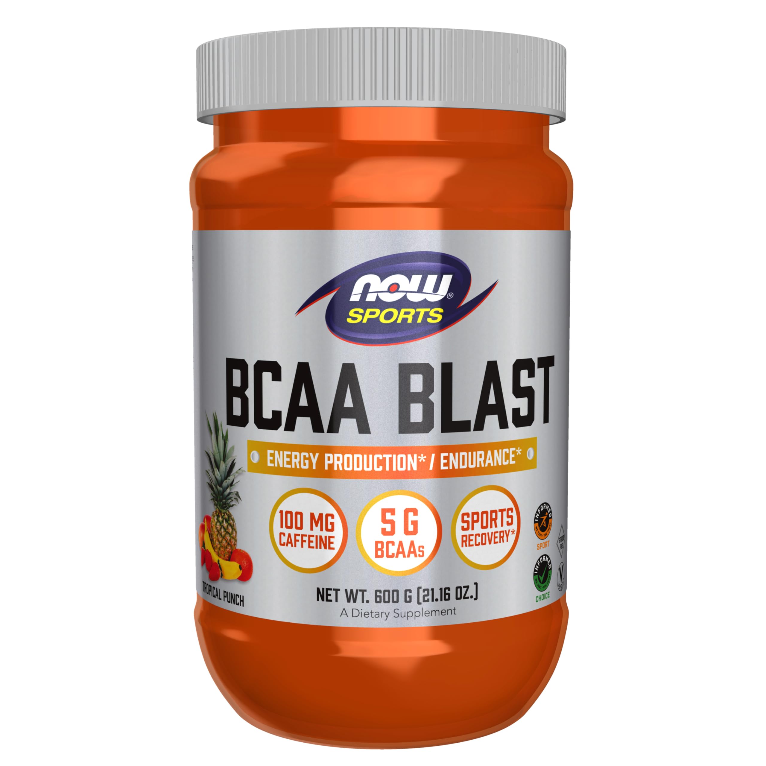 NOW Foods BCAA Blast powder tropical punch tub provides 5 g BCAAs per serving for workout support.