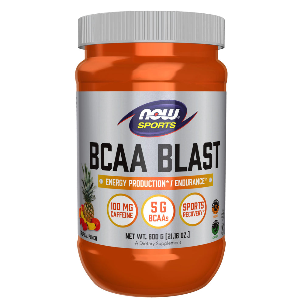 NOW Foods BCAA Blast powder tropical punch tub provides 5 g BCAAs per serving for workout support.