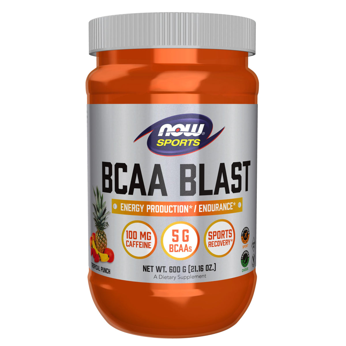 NOW Foods BCAA Blast powder tropical punch tub provides 5 g BCAAs per serving for workout support.